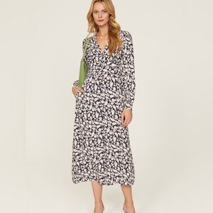 NWT Boden VNeck Easy Tea Dress Size 6P Petite Floral Navy White Midi Long Sleeve